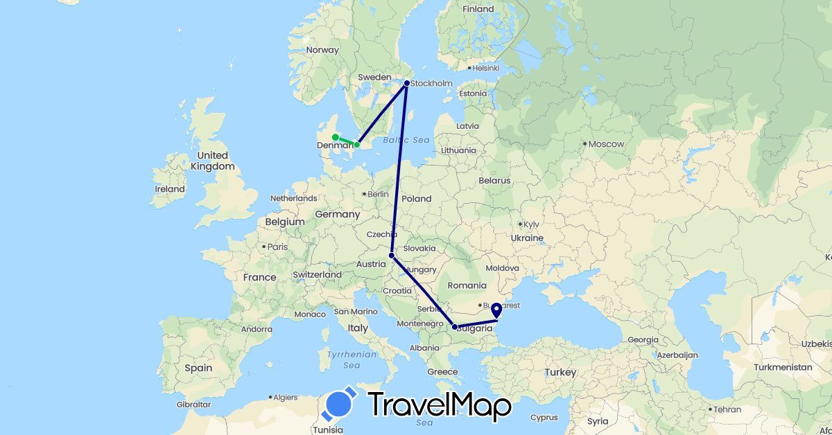 TravelMap itinerary: driving, bus in Austria, Bulgaria, Denmark, Sweden (Europe)